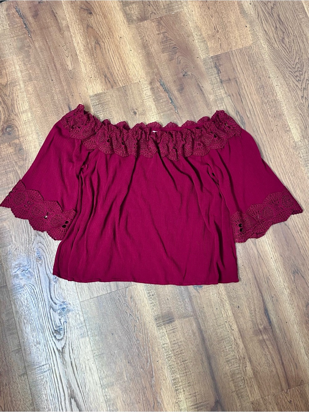 Haute Monde Off-Shoulder Crochet Trim Blouse - Burgundy